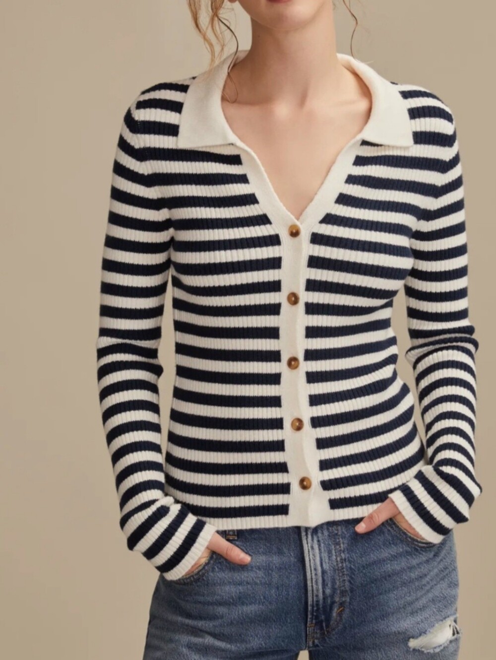 Lucky Brand Preppy Striped Rib-Knit Button-Front Sweater Cardigan Nautical NWT